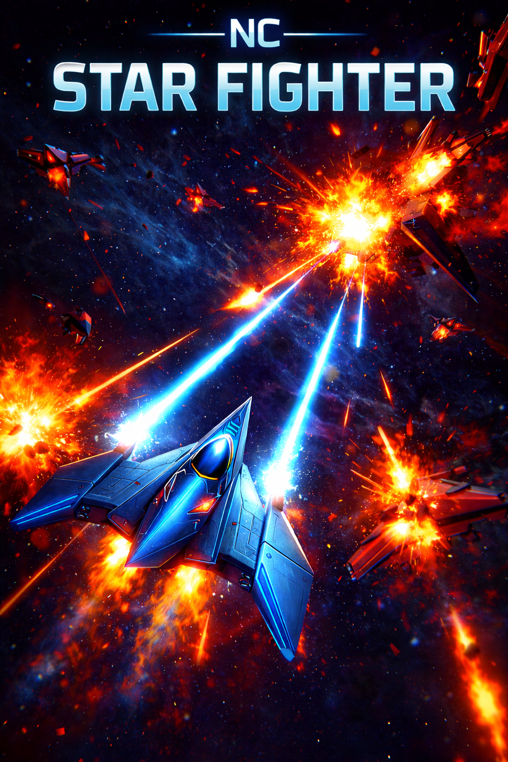 NC Starfighter space combat with blue starship battling enemies